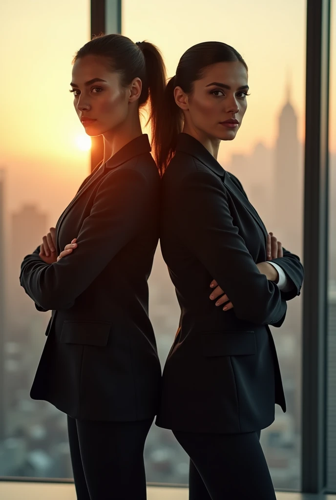 Businesswoman and businesswoman, back-to-back stance, confidence exuding from their posture, set against the backdrop of a modern office with expansive windows showcasing the city skyline, ambient light from the setting sun casting a warm glow over the scene, high-contrast shadows accentuating the crisp lines of their tailored suits, Royal Military Tailored Suit with a matte finish, interplay of soft and sharp focus, digital photography, a