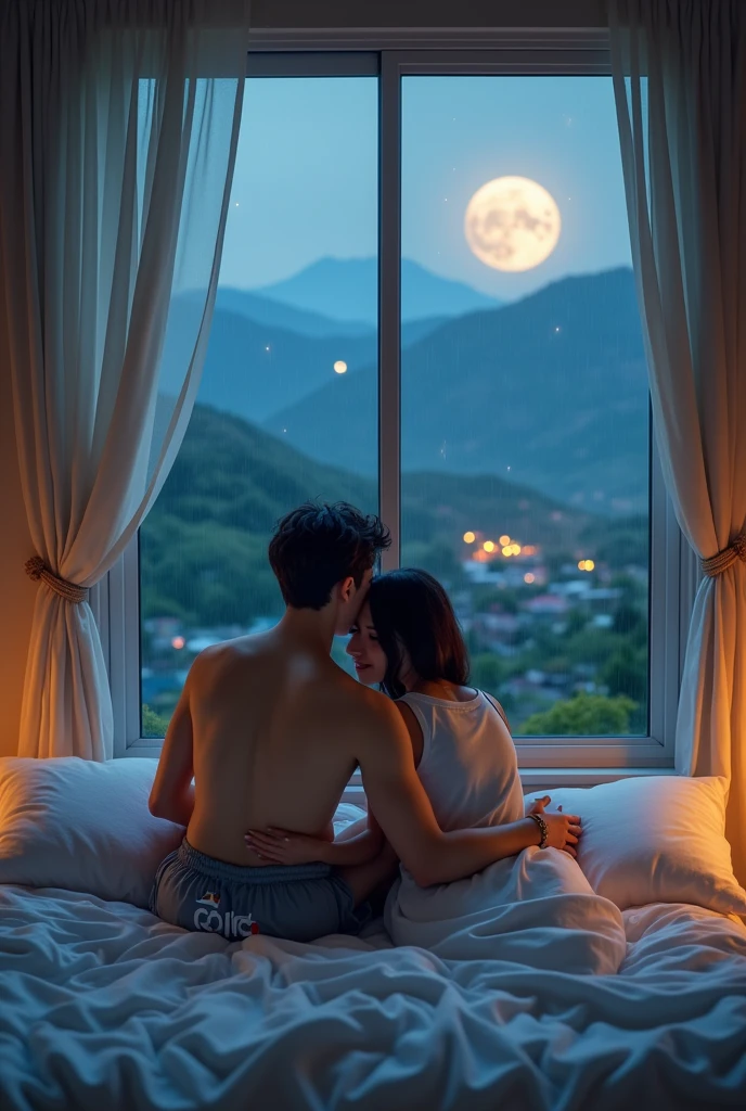Couple,Create me a 16K photo of a sleeping and hug, handsome young man Thai shirtless shorts bearing the text "LD" logo,and beautiful girl Wearing a tang top, a bit fat,on a mini bed surrounded by mini pillows,long cloth covering part of the glass, Beyond the bedroom window is mountain views, full moon,a bit rainy, twinkling stars ,in a village