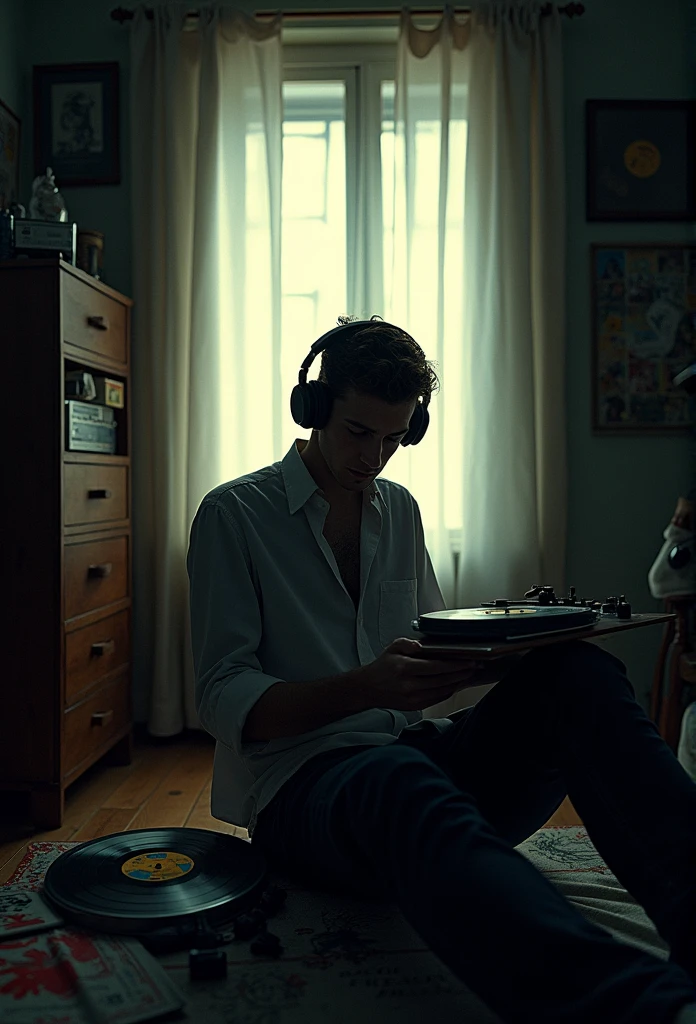 Photo of a man wearing headphones and listening to music, Why in the text, Super Detail, Vintage Wave, cyber punk, Sad mood, Bright light coming through the window, nightの風景, One Bedroom, 2D, (Shot from a distance), Wide Shot, (Noise from the film), Old cartoons, (Many records: 1.3), vinyl record store, (masterpiece, Very high quality, Very high quality, Official Art, beautifully、aesthetic: 1.2), (Very detailed, (Fractal Art: 1.4 ), guitar, (Note: 1.4), (Lo-fi hip hop), Side view, Old Anime Texture, alone, speaker, cyber punk, vinyl, night、Makoto Shinkai style