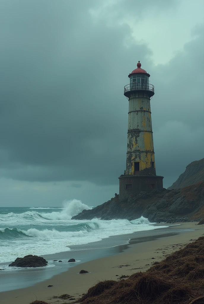 Create an image of a beach with a gloomy and cloudy atmosphere where the top of an old and rusty fallen lighthouse is on the seashore 