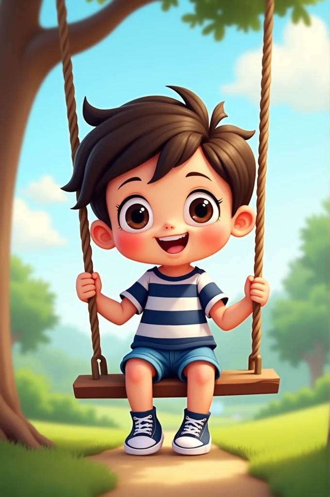  cartoon character sitting on swing with short black hair, dark brown eyes, fair skin, wearing navy blue and white striped shirt, denim shorts, All Star sneakers, happy and with an innocent look