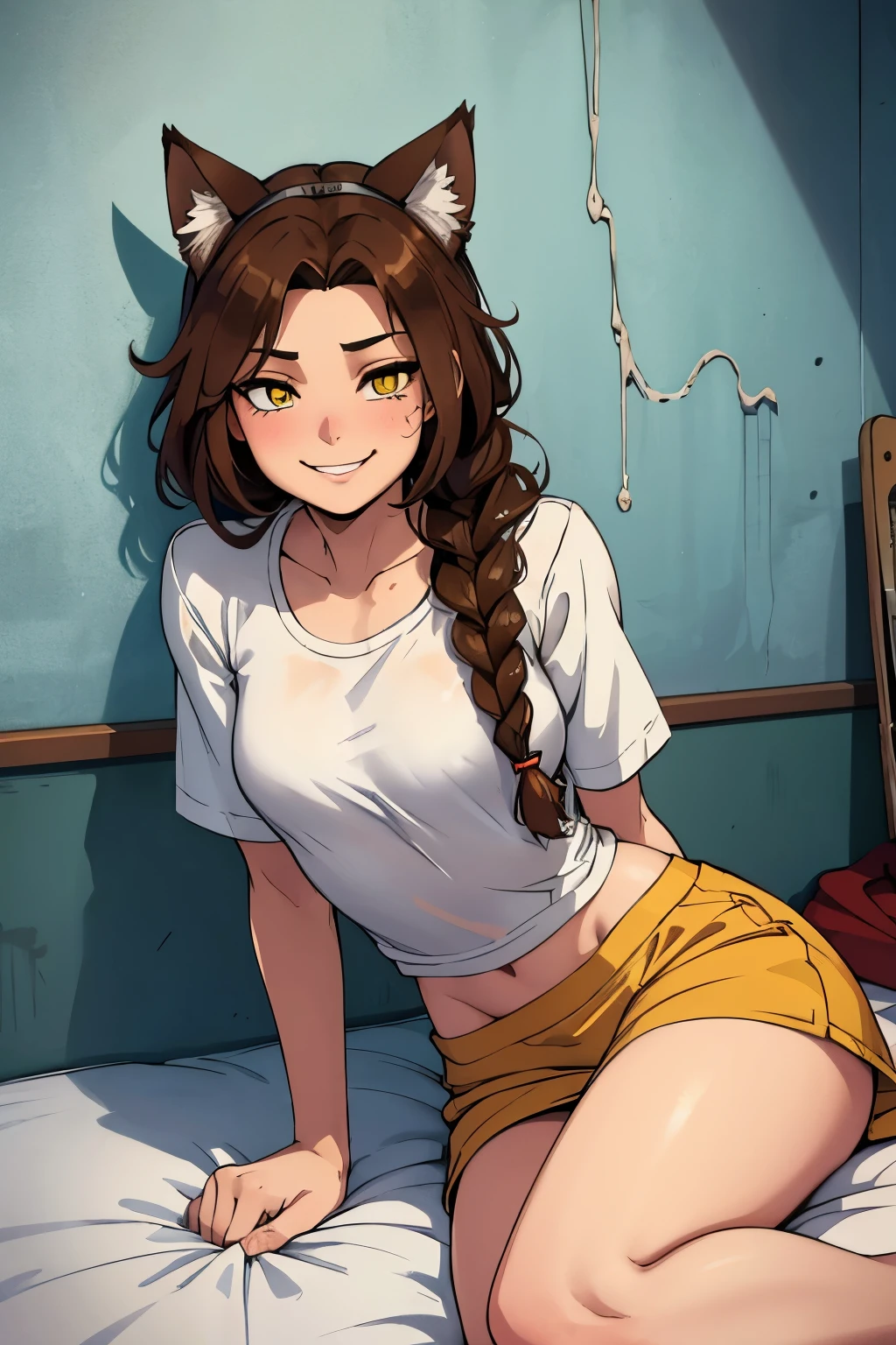 ..... sexly.... Smiling , soft, cute adult neko with cat ears, medium length luscious brown hair with 1 short braid near the face, yellow eyes,..... in home clothes, sits on a narrow bed in a small room of a dirty old Soviet student hostel in Gatchina, paint is peeling off the walls, dirt on the walls 