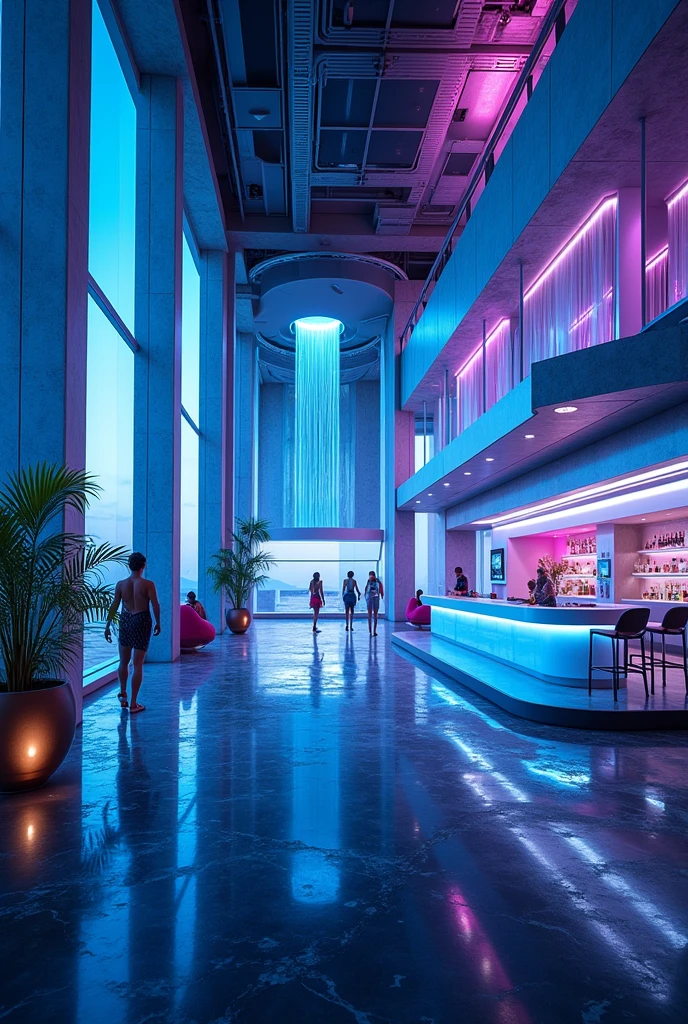 futuristic modern strip club, neon lights, huge room, futuristic, wide room, blue and purple neon lights, modern bar with neon underlights, dance-poles,, huge windows, futuristic view, night view, dark marble, night room, modern waterfall shower corner,