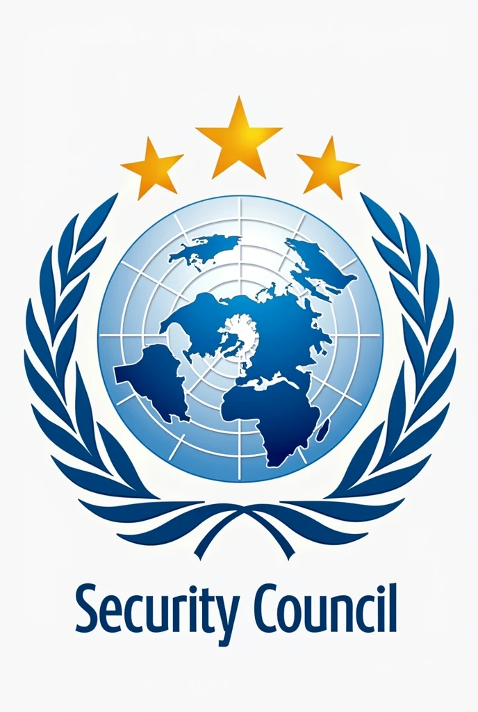 Un logo representativo del Security Council de las Naciones Unidas con un globo terráqueo estilizado en azul, surrounded by two green olive branches, A circle of five golden stars framing the globe, Name "Security Council" It is in a modern and clear typography at the bottom, in white or gold. You could add elements such as a light ray background and a silver border.