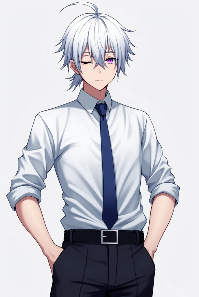 Create an image of a guy in anime style,with white hair and a small ponytail,the right eye has to be closed and the left eye has a purple iris,white dress shirt,blue tie and black pants,there must be a scar on the closed eye