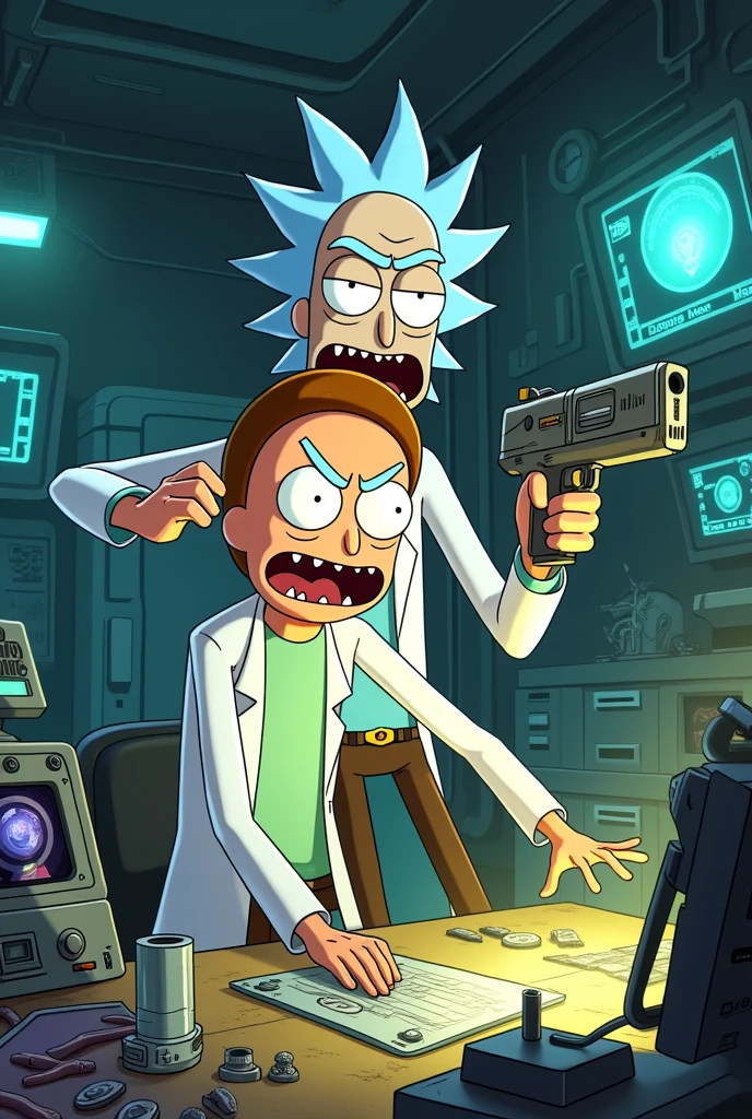 Create a detailed illustration of a tense, high-stakes moment in a sci-fi lab. Morty, looking stressed and focused, is working frantically on a complex machine or project related to an invasion. The environment around him is cluttered with futuristic gadgets, screens displaying alien data, and ominous lighting. Behind Morty, Rick is standing, his face intense and determined, pointing a futuristic gun directly at Morty’s head, urging him to complete the project. The scene should capture the urgency and tension between them, with the background hinting at the chaos of an impending invasion