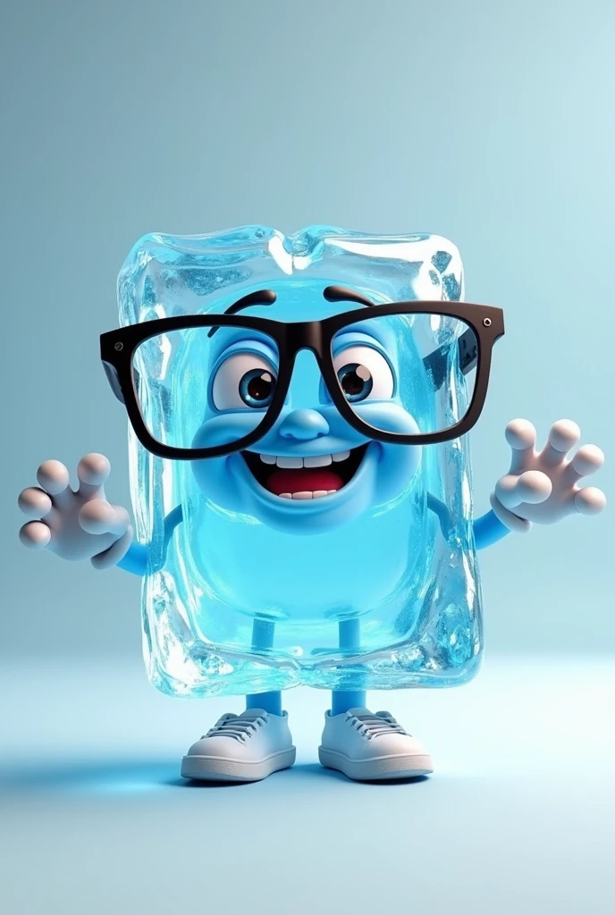 Animated ice cube with hands and feet, wearing glasses with the brand name “San Felipe”