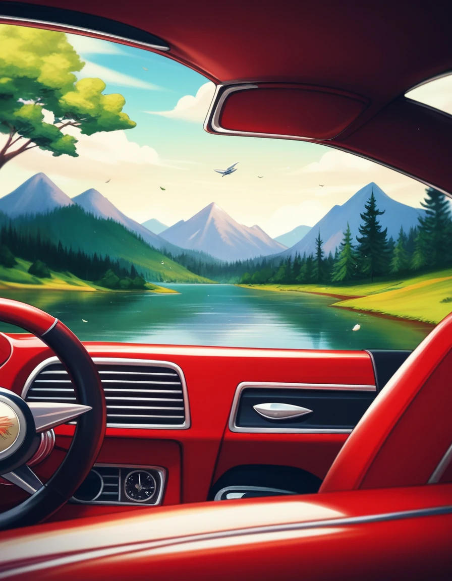 close-up, Goku is driving a convertible red car, sunglasses, hair in the wind, BREAK a lake is seen background , forest, mountains, noon, wind, vegeta is the co-pilot