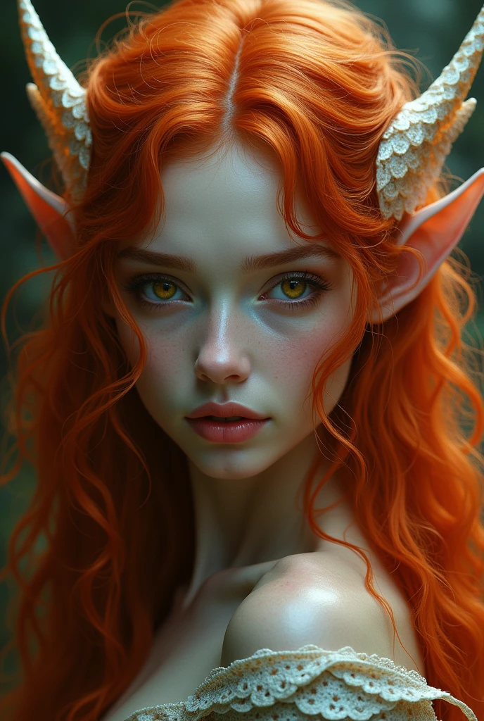 An adult woman lady beautiful divine long wavy wild red hair with elf ear and scales teacher golden eyes