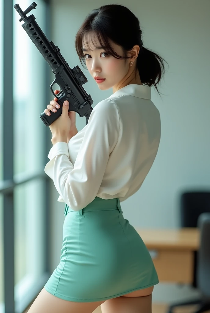 camera back view facing real person eyes open realistic beautiful korean office lady white shirt tight mini skirt satin mint colour stance legs open spreading arms straighten full portrait holding rifle gun back view facing sexy legs waist level aiming target point at you