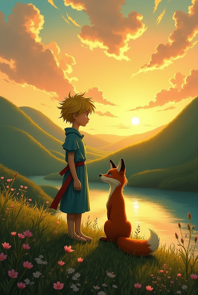 An oil on canvas painting of the Little Prince and his pet, the fox, contemplating the twilight on a spring day, cinematic image, hyper realism, work of art, shadow and light