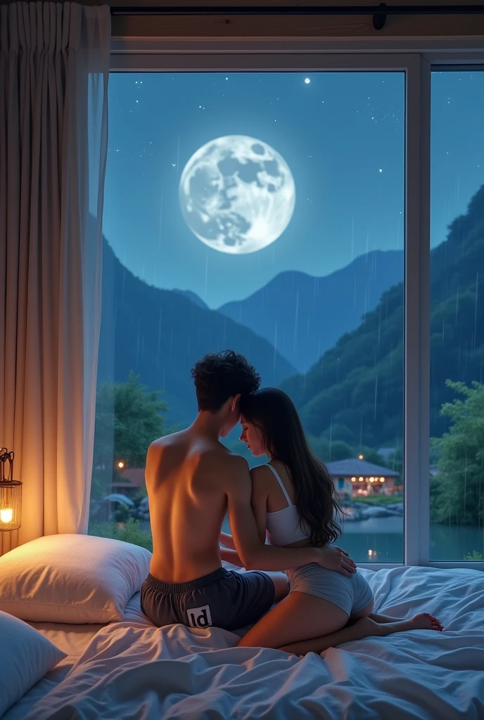 Couple,Create me a 16K photo of a sleeping and hug, handsome young man Thai shirtless shorts bearing the text "LD" logo,and beautiful girl Wearing a tang top, a bit fat,on a mini bed surrounded by mini pillows,long cloth covering part of the glass, Beyond the bedroom window is mountain views, full moon,a bit rainy, twinkling stars ,in a village