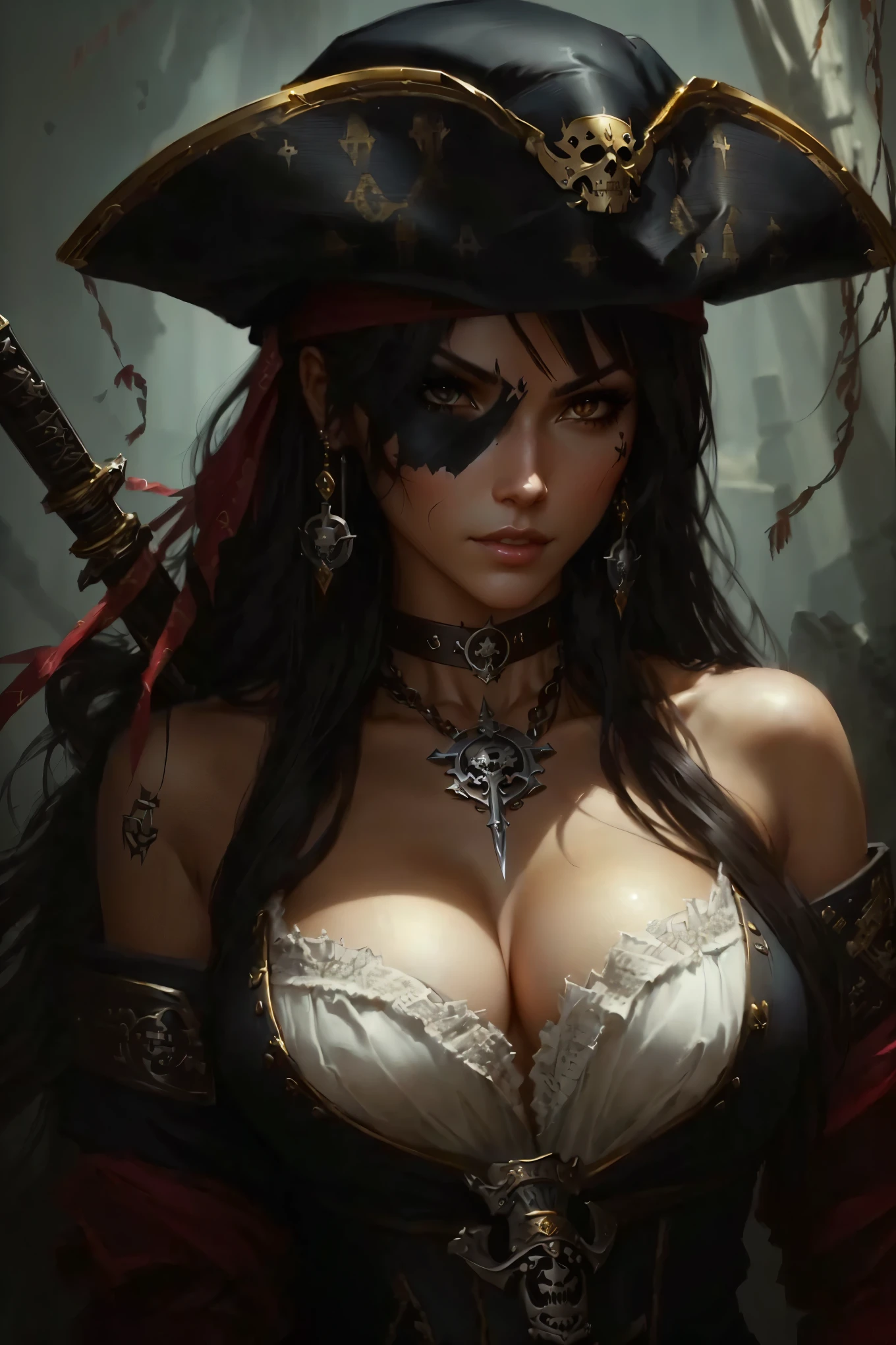 young demonic undead girl, dark pirate captain, evil look, ripped clothes,combat stance, wielding a sword, long pirate coat, pirate hat, highly detailed, vibrant appearance, creative behavior, extremly detailed, imaginative, sensual, spontaneous, highest quality, skin texture, intricate details, (cinematic lighting), RAW photo, 8k, masterpiece,best quality,ultra-detailed,very detailed illustrations,extremely detailed,intricate details,highres,super complex details,extremely detailed 8k cg wallpaper,