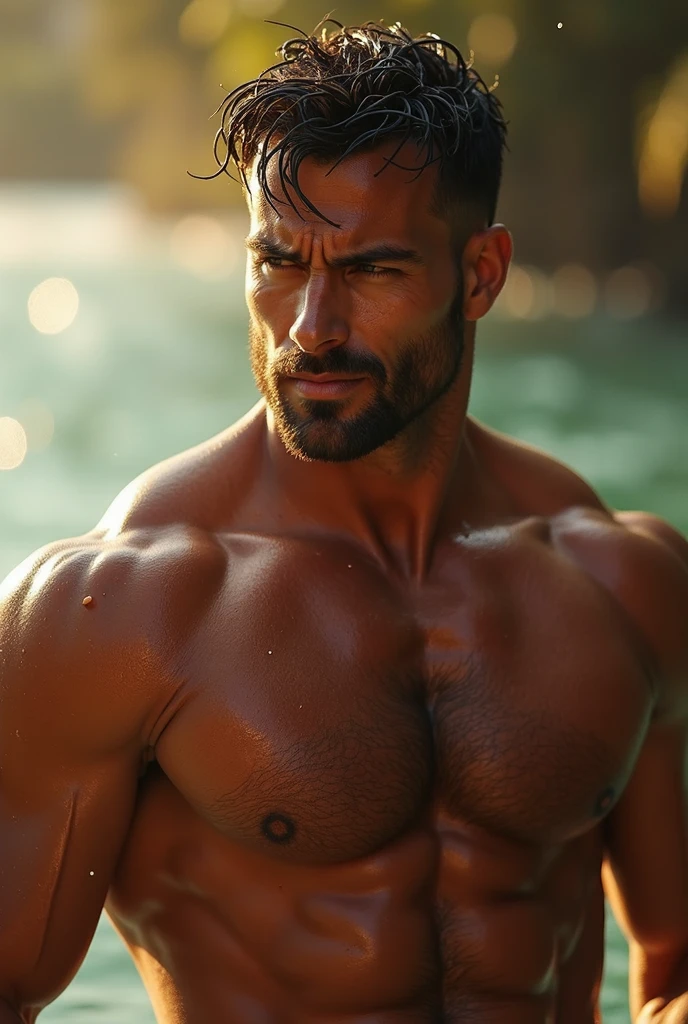 The world's sexiest handsome muscular hunk, masculine facial features, stubble, Intricate details, cocky smirk, hairy muscular chest, soaked all over, cinematic texture, best quality, bright dynamic lighting, warm colors,