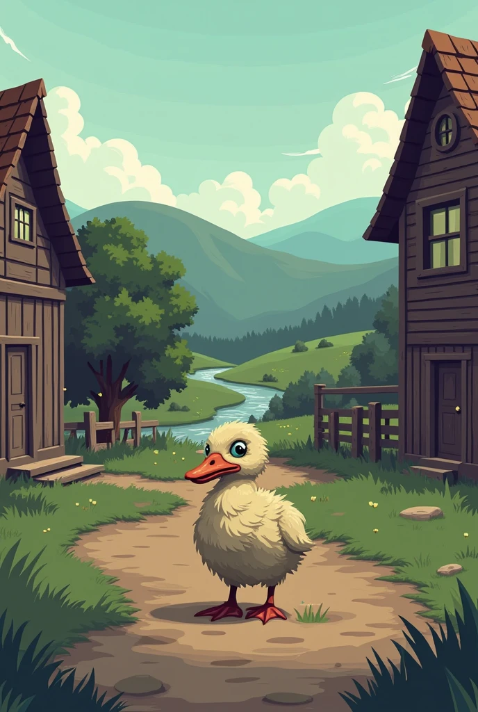 sad white ugly duckling leaves farm pixart style old tale
