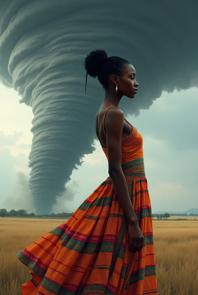 African woman in 9-color striped dress with a ponytail in her hand and a tornado in the background