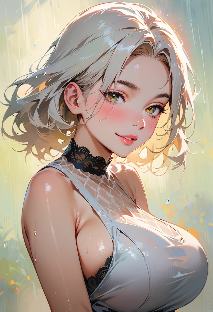(masterpiece, best quality:1.4), 1 girl, 独奏, Snow-white pupils, Delicate pupils, Blurred eyes, Close your left eye, Smile,Tilt your head back 45 degrees, Right tear mole, (White coiled hair:1.2), Shiny hairstyle, huge breasts, Mini Girls, Backlight, Rainy Day, Black Tulle Tulle Dress, Works by top portrait painters, Black and white gradient background.