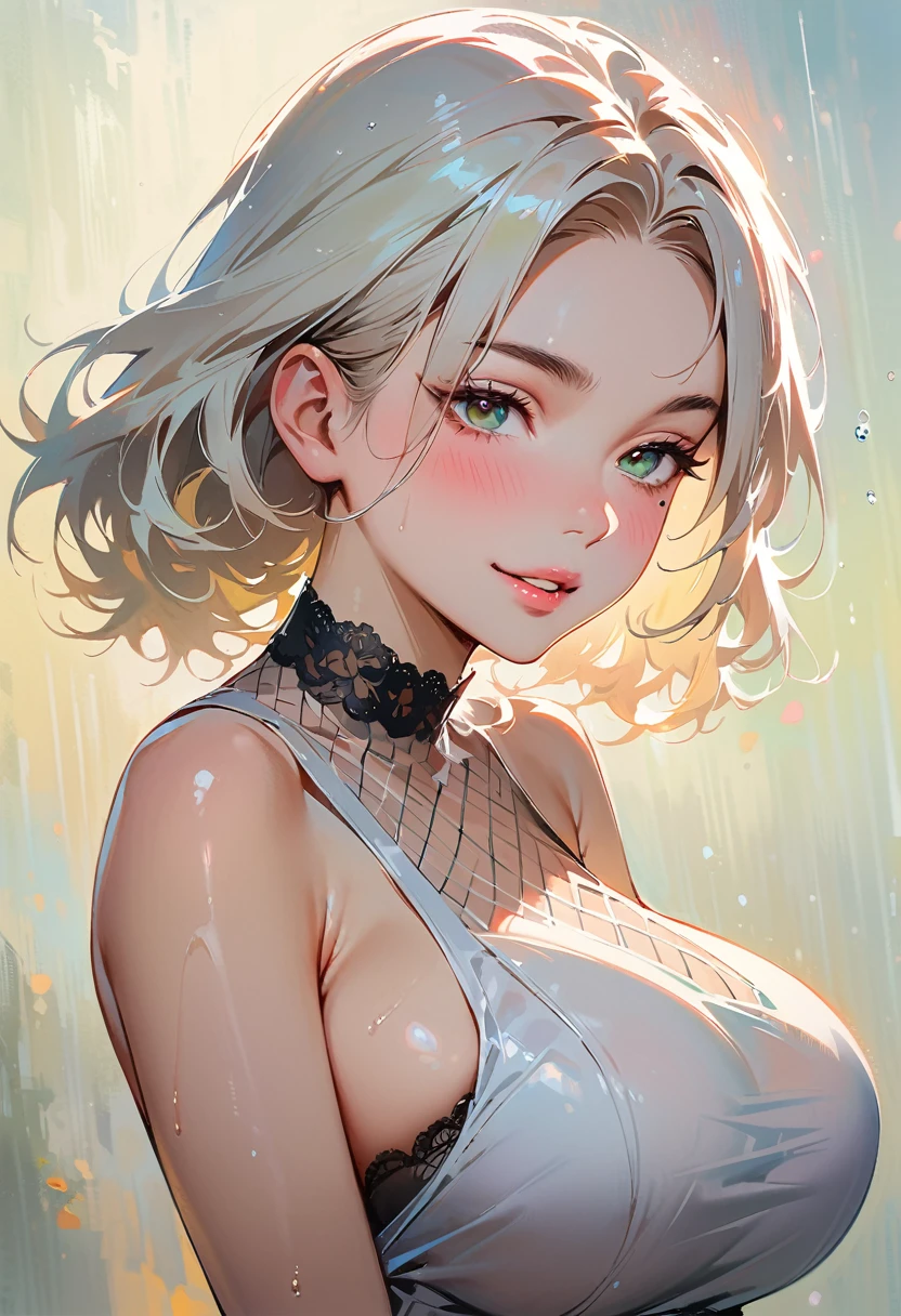 (masterpiece, best quality:1.4), 1 girl, 独奏, Snow-white pupils, Delicate pupils, Blurred eyes, Close your left eye, Smile,Tilt your head back 45 degrees, Right tear mole, (White coiled hair:1.2),  Shiny hairstyle, huge breasts, Mini Girls, Backlight, Rainy Day, Black Tulle Tulle Dress, Works by top portrait painters, Black and white gradient background.