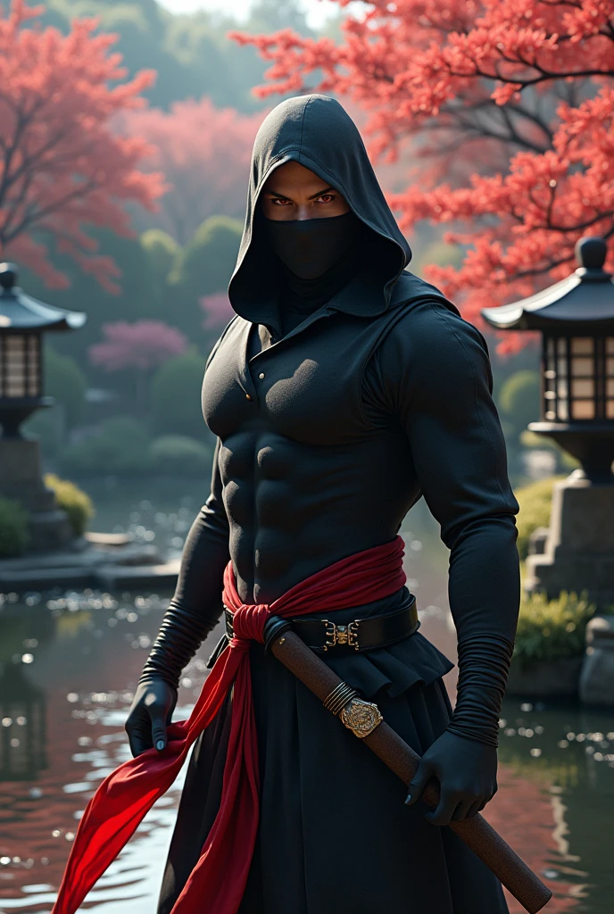 Ninja suit, ninja pose, long red scarf, huge tits Rubor, red eyes, Japanese garden in the background