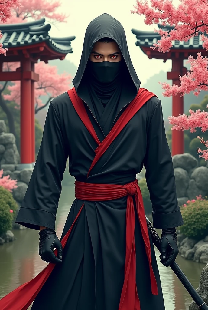 Ninja suit, ninja pose, long red scarf, huge tits Rubor, red eyes, Japanese garden in the background