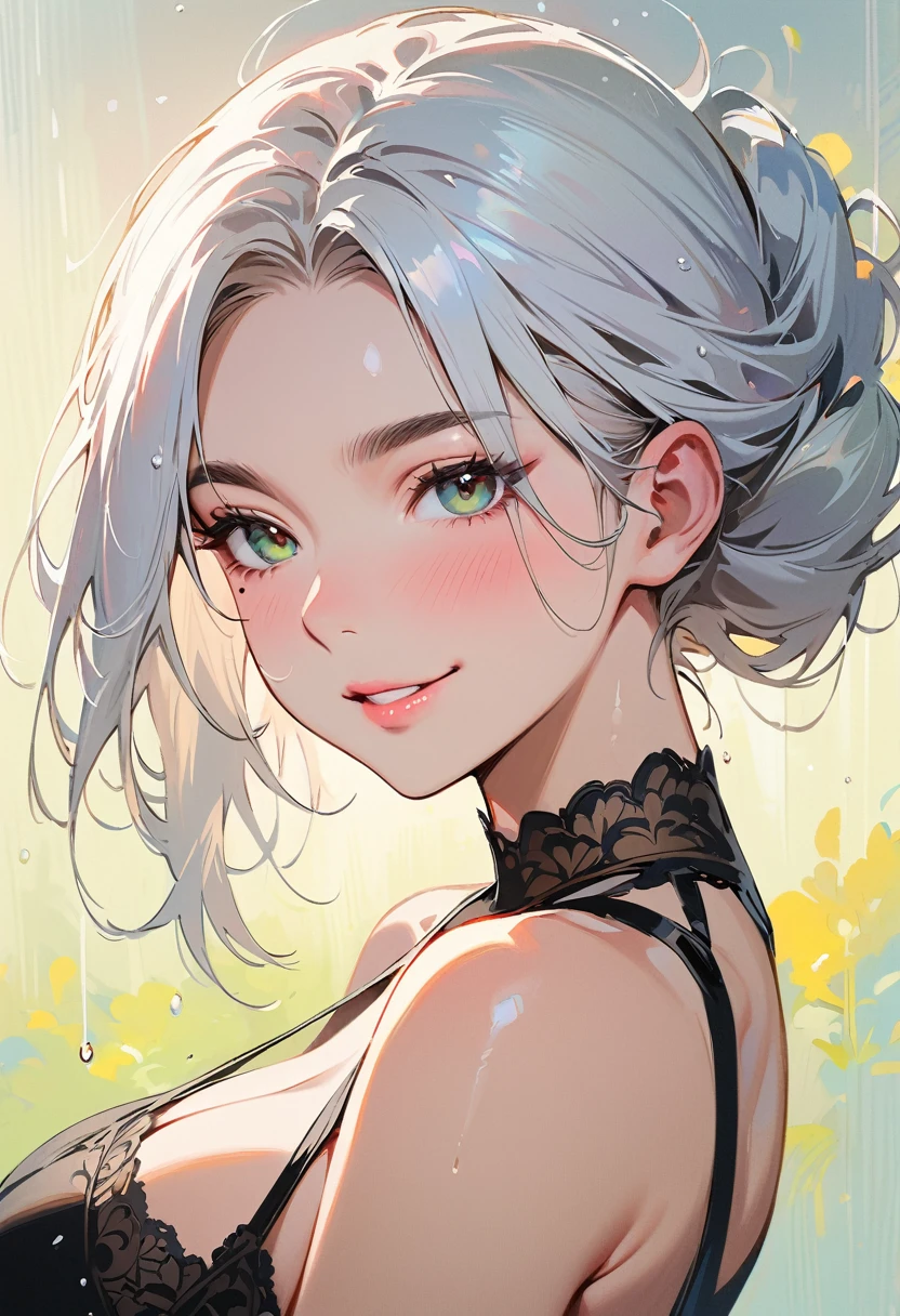 (masterpiece, best quality:1.4), 1 girl, 独奏, Snow-white pupils, Delicate pupils, Blurred eyes, Close your left eye, Smile,Tilt your head back 45 degrees, Right tear mole, (White coiled hair:1.2),  Shiny hairstyle, huge breasts, Mini Girls, Backlight, Rainy Day, Black Tulle Tulle Dress, Works by top portrait painters, Black and white gradient background.