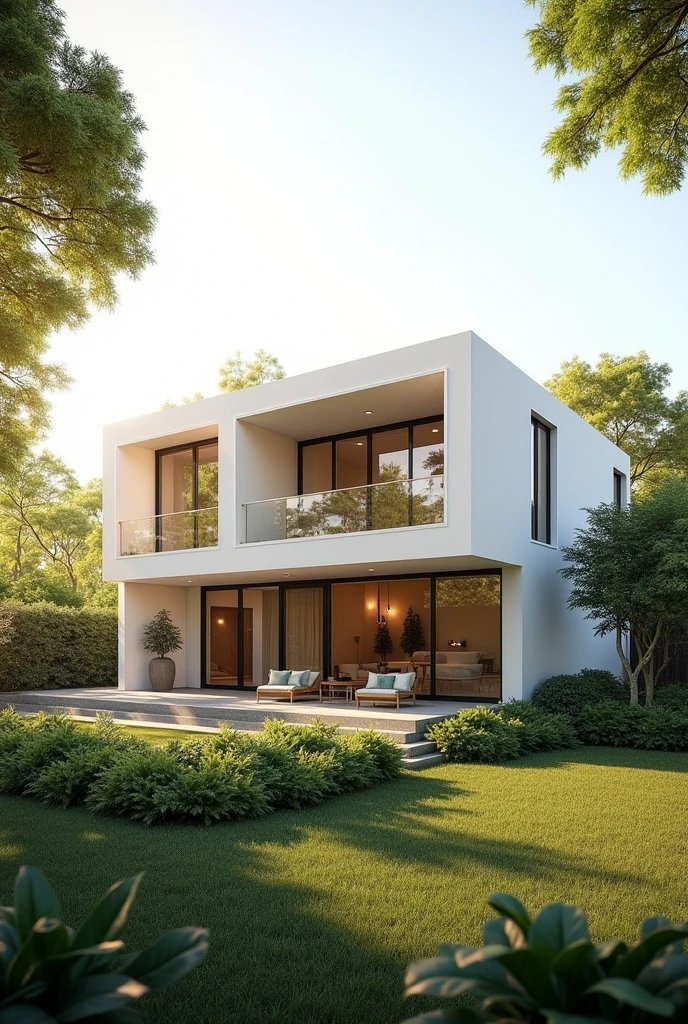 
A minimalist modern house with a simple yet aesthetic facade. The yard is clean and bathed in warm sunlight. The image is rendered in ultra detail, ultra realism, perfect details, 8k, and photorealistic. 
