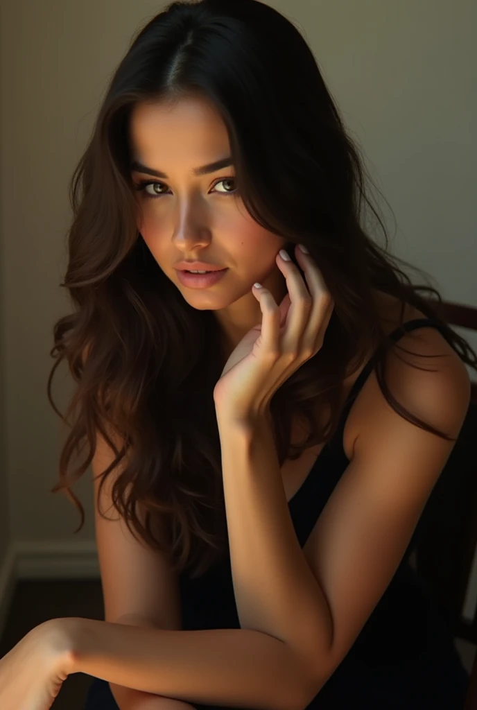 Photo shoot brunette woman long black hair, more robust silhouette,sitting in a chair with one hand on her face and with lights that highlight her beauty