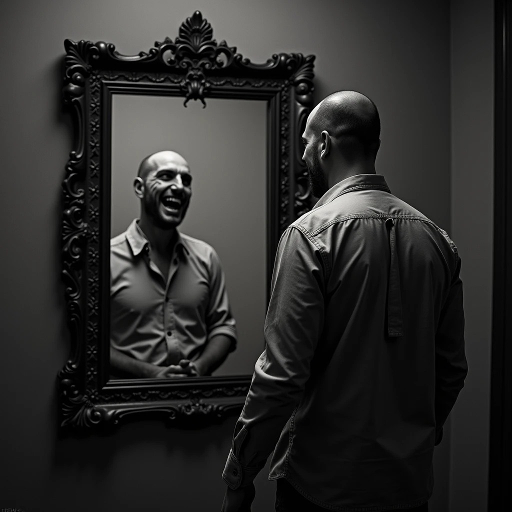 A frightened man stands with his back to the mirror, in which his reflection with an evil smile