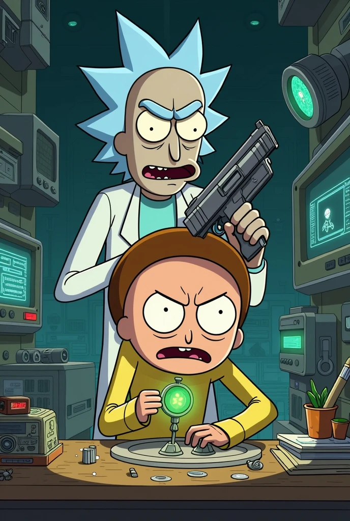 Create a detailed illustration of a tense, high-stakes moment in a sci-fi lab. Morty, looking stressed and focused, is working frantically on a complex machine or project related to an invasion. The environment around him is cluttered with futuristic gadgets, screens displaying alien data, and ominous lighting. Behind Morty, Rick is standing, his face intense and determined, pointing a futuristic gun directly at Morty’s head, urging him to complete the project. The scene should capture the urgency and tension between them, with the background hinting at the chaos of an impending invasion