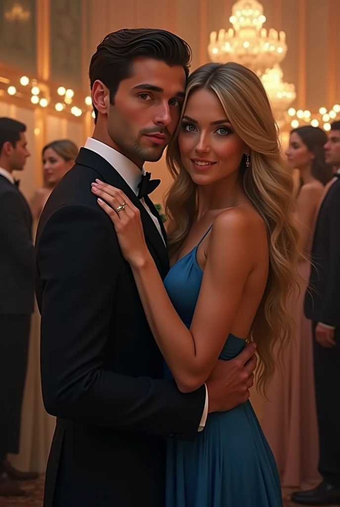 (Photorealism:1.2), man in a suit dark brown hair brown eyes hugging a woman blonde green eyes long hair wearing a dress at an elegant party 8k ultrarealistic photorealistic super detailed the best possible