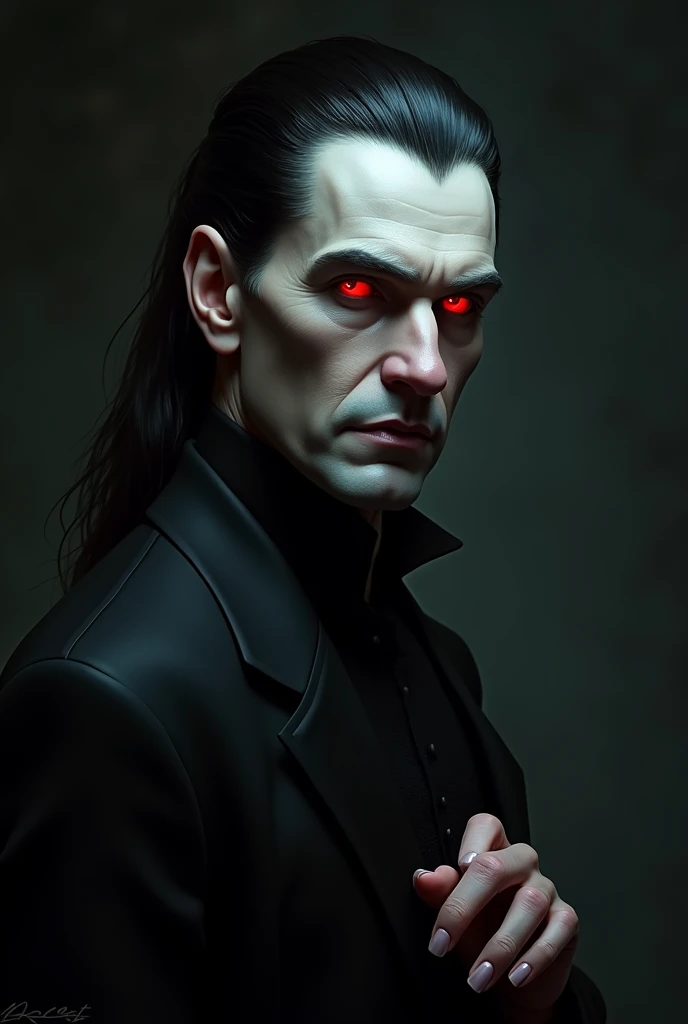 a vampire  , pale skin, Red eyes, medium length black hair tied into a ponytail . middle aged GUY 