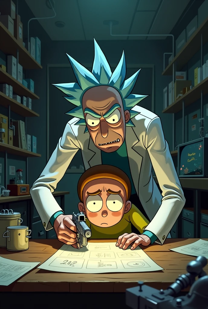 create an illustration of moment from a scene where morty is working on some invasion and rick behind him pointing a gun to his head to finish the project