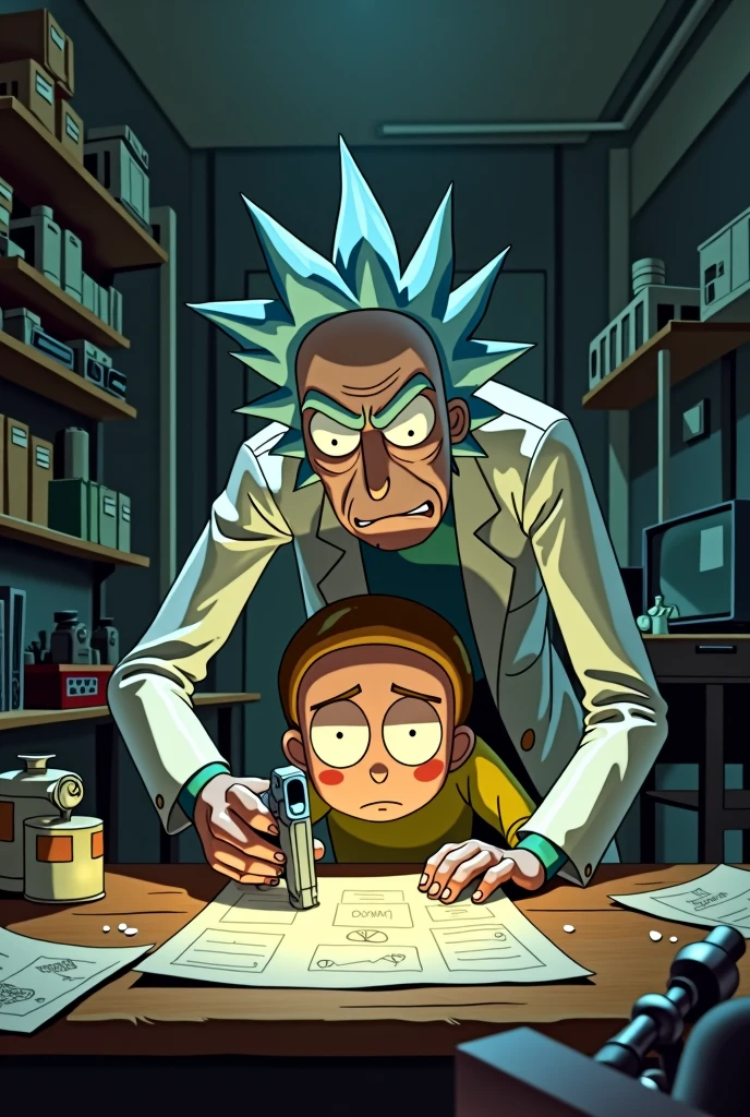 create an illustration of moment from a scene where morty is working on some invasion and rick behind him pointing a gun to his head to finish the project