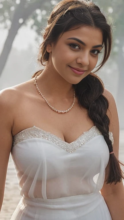 extreme close up photo of sexy indian, front view, curvy, swooping breasts, deep cleavage, white see through lace strapless dress, in a fog, French braid hair, smile, pearl necklace, sultry, seductive, 4K, HD, Ultrarealistic