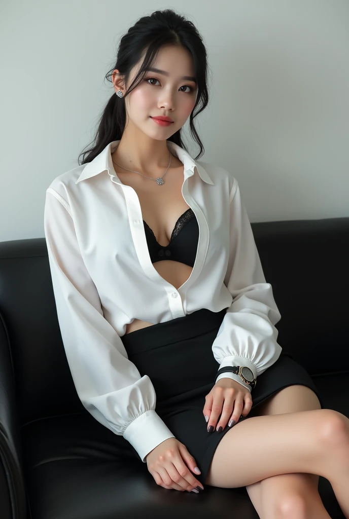 young Korean woman,Beautiful,wearing a sexy white work shirt,black bra visible,wearing a sexy black short skirt,black hair tied in a ponytail,ideal solid body shape,compact chest ideal,wearing a small silver necklace,wearing an elegant watch,sitting lying on a black sofa,wearing black stockings,against a white wall,Realistic detailed photography.best quality,8k hd.