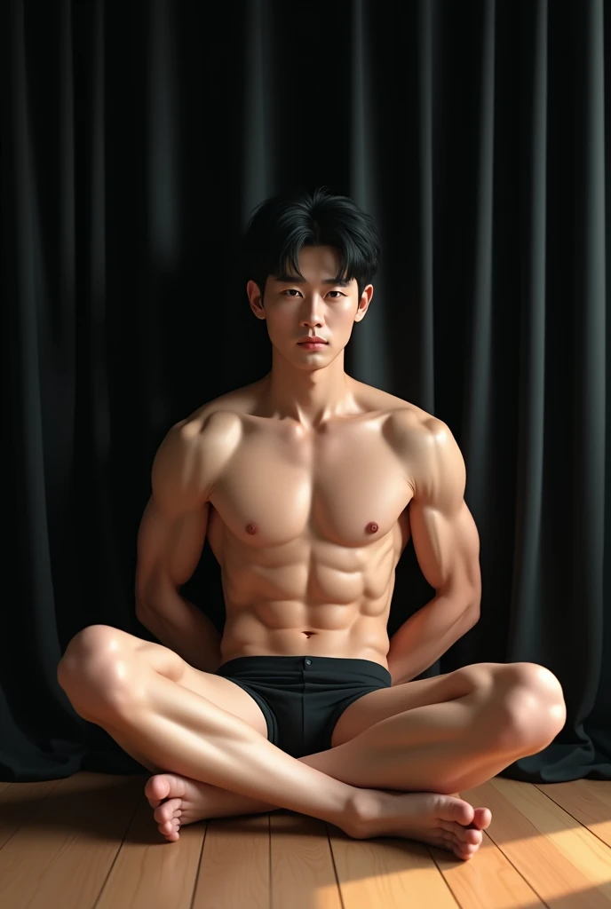 Arafed  25 Korean  man, white skin, muscular body, sitting on wooden floor of living room with black curtain curtains background. Legs are wide open in a cross legs with dick highlighted from gray full  lower. Both hands are behind legs taking support from floor and hands are also wide open, black eyes. Make it the whole picture so much realistic.
