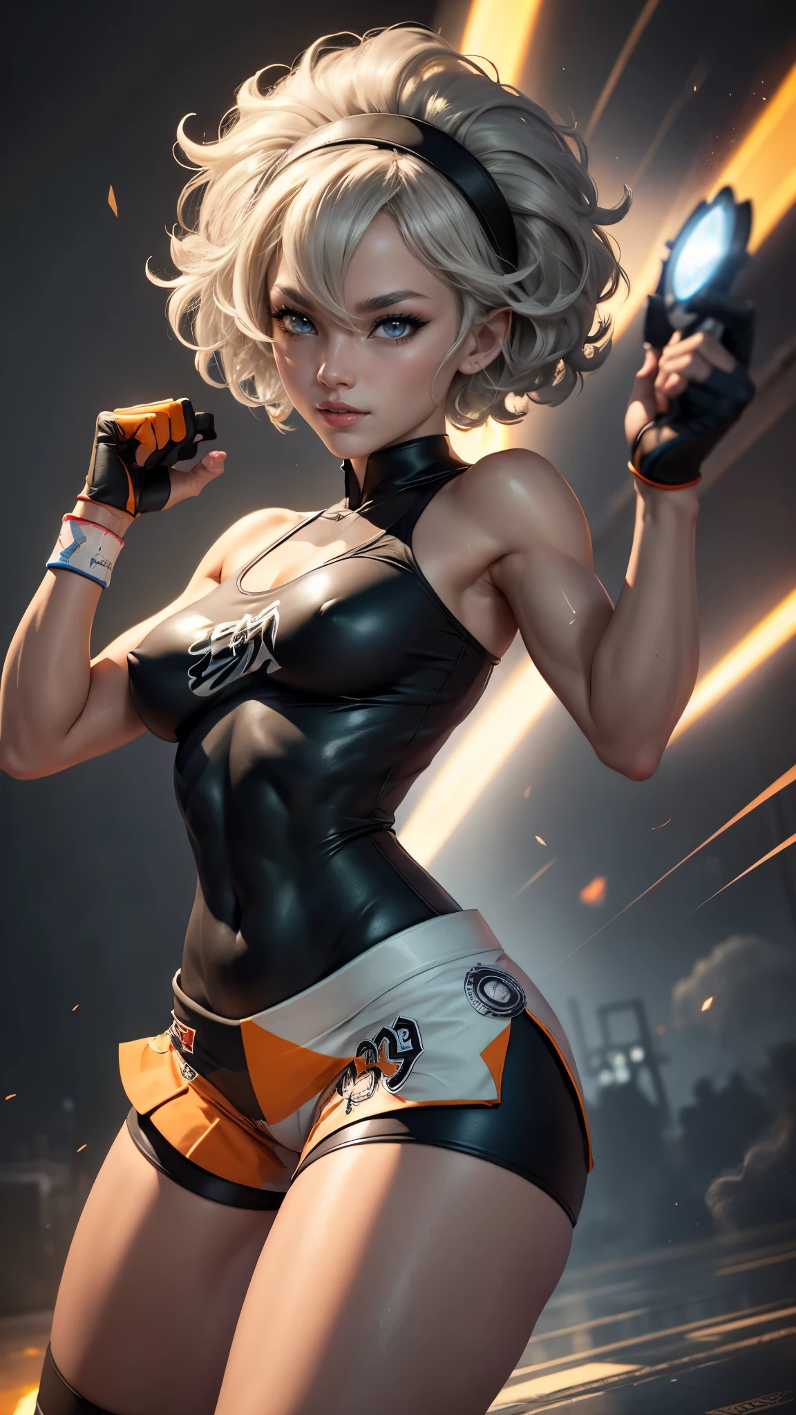 Bea da pokemon,(best qualityer,4K,8k,high resolution, work of art:1.2)(weather: windy), sport stadium background, short curly hair, gray hair, cropped shirt, micro shorts, thigh high stockings, headband, gloves, leotard, nipples, ultra detailed, realistic, beautiful detailed gray eyes, beautiful detailed lips, extremely detailed eye and face, long eyelashes, average, medium breasts, flying hair, beaming smile, powerful girl in a combat, kunf fu stance, wet body, bright coloured, dramatic lighting,