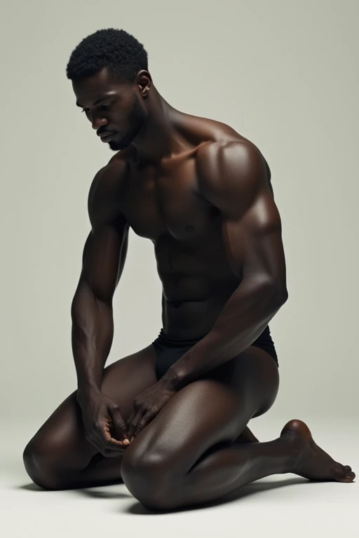 I want you to imagine a tall man whose skin color is black., he is on his knees, but with little clothing.