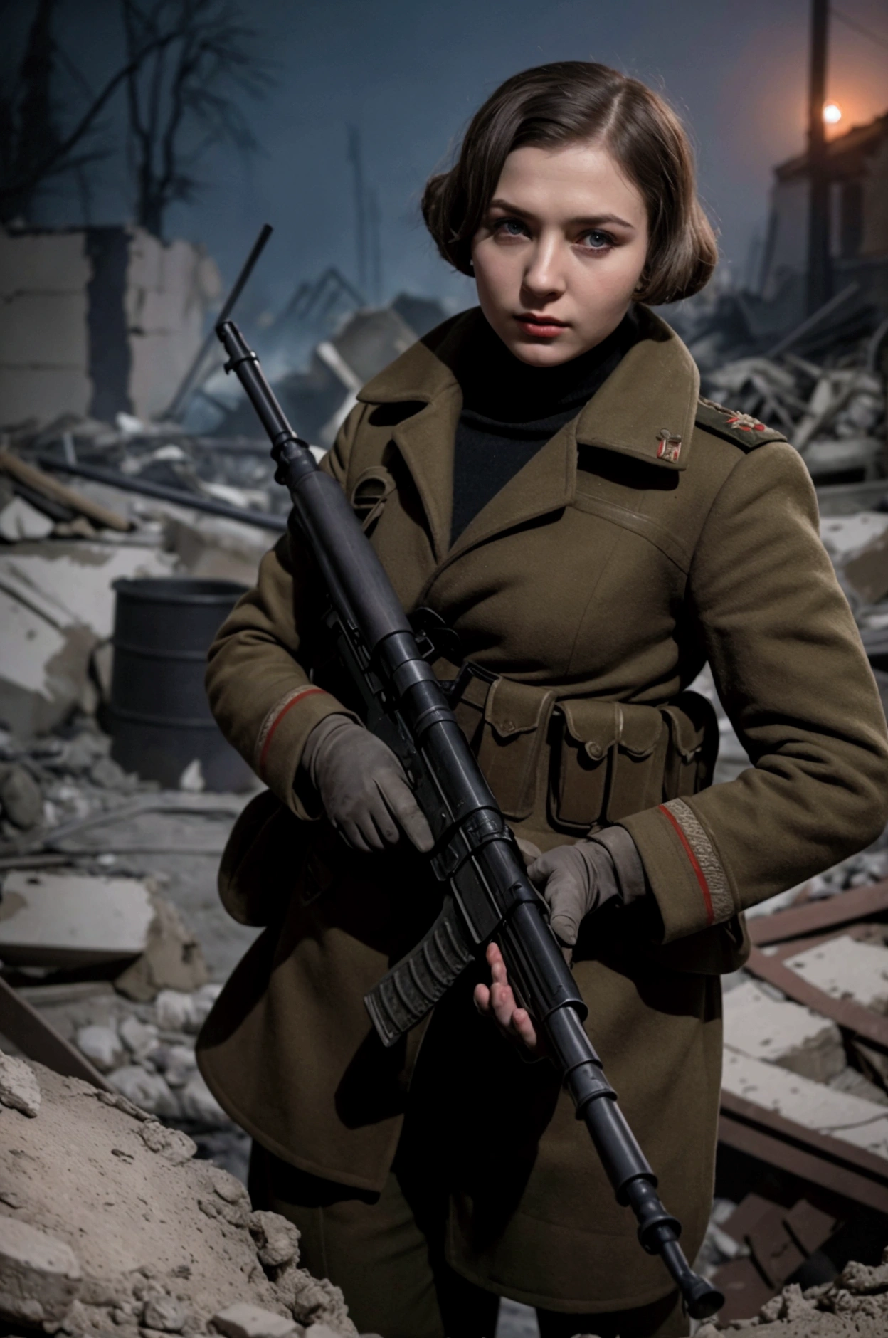 ww2 era, russian female sniper, together with russian male soldiers between rubble and destruction, nigth, dark , she looks dirty, black very short hair, russian uniform, shoots with her rifle