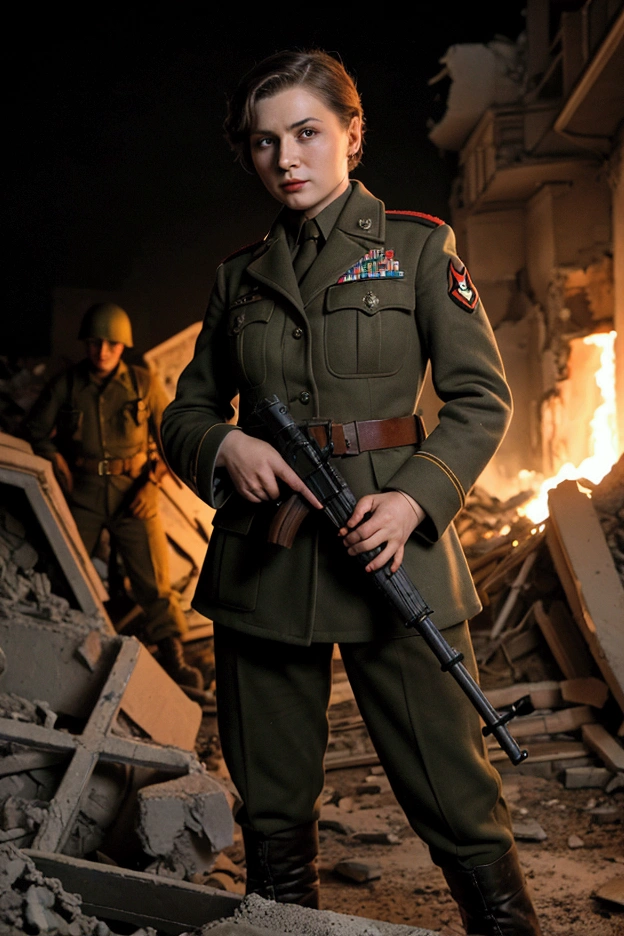 ww2 era, russian female sniper, together with russian male soldiers between rubble and destruction, nigth, dark , she looks dirty, black very short hair, russian uniform, shoots with her rifle