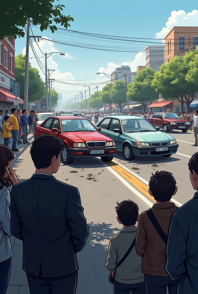 People around watching a 2-car crash on a public road