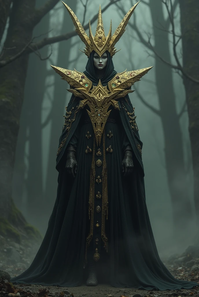 witch,dark souls,large triangular gold crown filled with jewels,Bullish,slim,with porcelain mask,fully body,manto com o formato de um boomerang,full of jewels of symbols