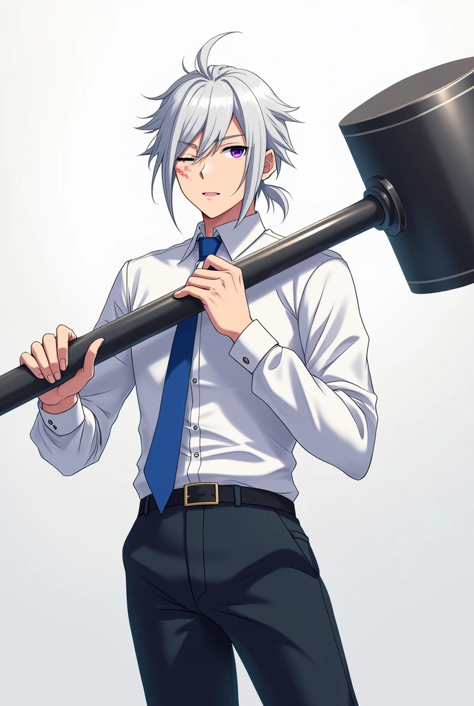 Create an image of a guy in anime style,with white hair and a small ponytail,the right eye has to be closed and the left eye has a purple iris,white dress shirt,blue tie and black pants,on the closed eye there must be a scar and make him hold a giant war march with his left arm