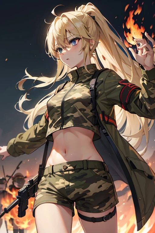Outdoor、Rough steppes、(evening:1.8), beautiful girl、(Blonde:1.5)、ponytail、Belly-baring camouflage combat uniform、Crop tops、Long, deep navel、camouflage-patterned shorts、Thighs、Bare legs、Stick a knife in one of your legs、Hold the rifle with both hands、(fire:1.7)、evening