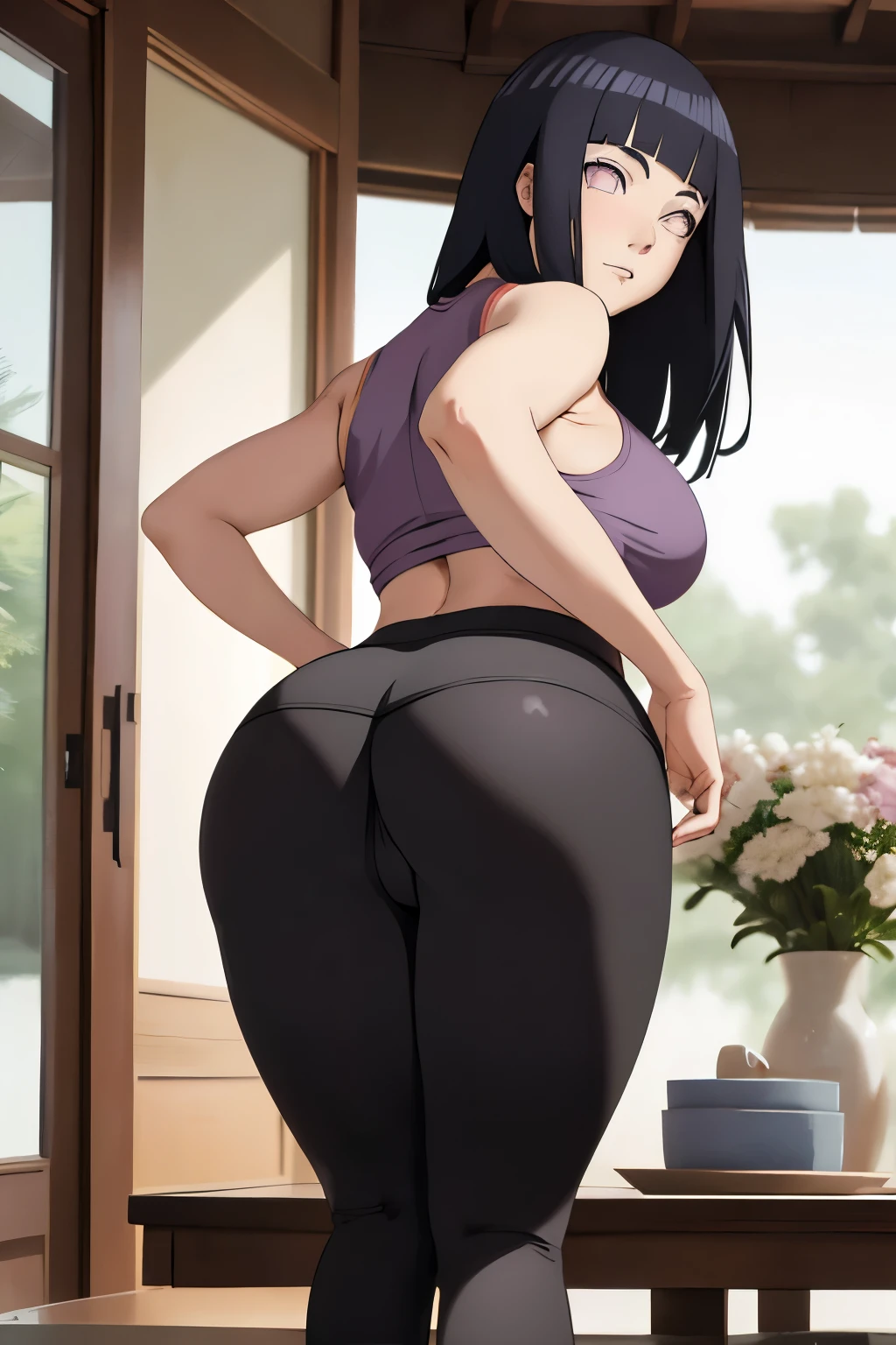 masterpiece, hinata (boruto), 1girl, solo, mature female, goddess of beauty, ((image from behind), bending over a table)), perfect hips, big boobs, ((yoga pants)), looking back at camera, perfect composition, beautiful face, perfect body proportion, blush, long hair, purple eyes, soft gaze, super realistic, detailed, photoshoot, realistic face and body, ((Focus on ass))