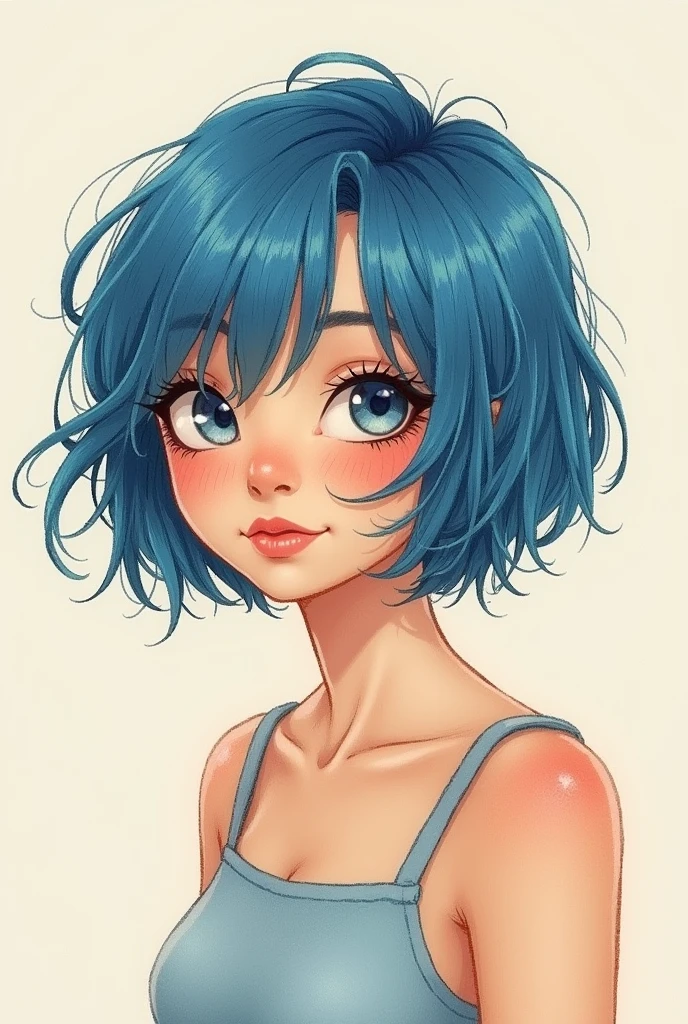 latina woman, Short blue hair cut in French Bob style, without bangs, a little messy. She is watching something, curious. Illustration as if it were made with colored pencils