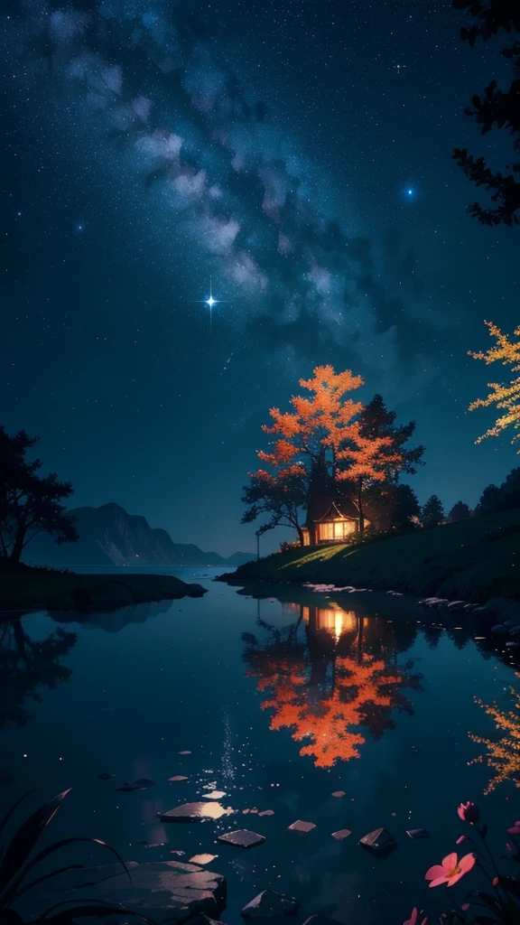 master part, gorgeous, landscape, (((NO_HumaNãos))), night, flower, garden, Starry sky, full moon constellation)) , stunning, vista, water, warm, cozy, peaceful, Meteor, cosmic, magic, magic, particuls, i&#39;m, ((Fireflies))