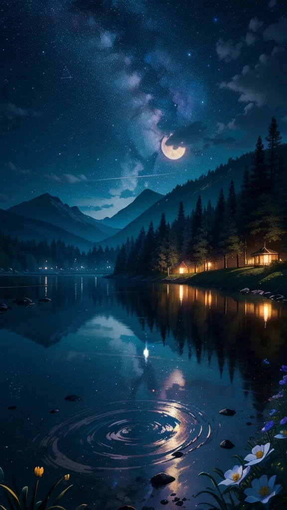 master part, gorgeous, landscape, (((NO_HumaNãos))), night, flower, garden, Starry sky, full moon constellation)) , stunning, vista, water, warm, cozy, peaceful, Meteor, cosmic, magic, magic, particuls, i&#39;m, ((Fireflies))