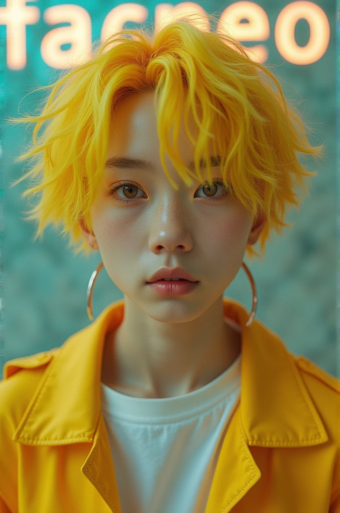 Asian boy who looks like DPR ian and his hair is yellow and in the background the word facneo is written 