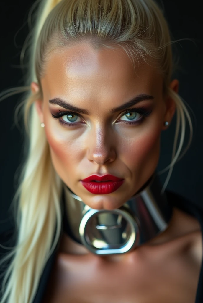best quality, 8K, HD, beautiful blonde Caucasian woman, looking very a arrogant enraged down to the camera, heavily made-up eyes, heavily made-up cheeks, shiny red lips, super blonde hair, ponytail hairstyle, shiny silver steel collar with o-ring on the front side,